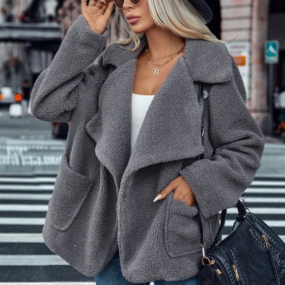 Contemporary Dual Pocket Lapel Neck Teddy Coat Grey - Picture 2 of 5